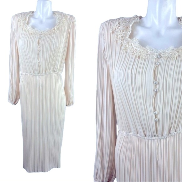 Vtg silky Victorian dress 50s 60s edwardian Cottagecore Lace longsleeve vintage - Picture 2 of 16